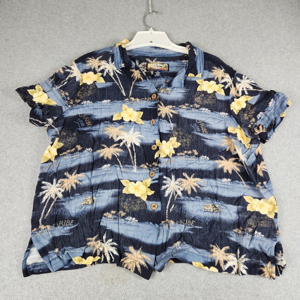 Havana Jack's Cafe Hawaiian Shirt Women 2X Blue Multi Tropical Floral Vacation